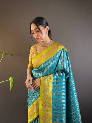 Sky contrast zari woven silk saree with satin unique border 2