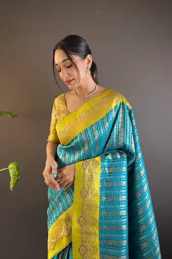 Sky contrast zari woven silk saree with satin unique border