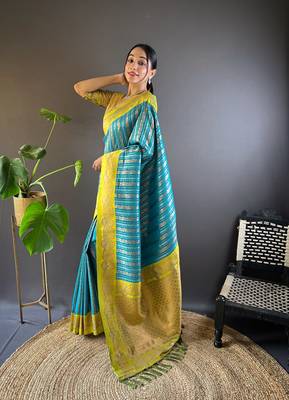 Sky contrast zari woven silk saree with satin unique border 3