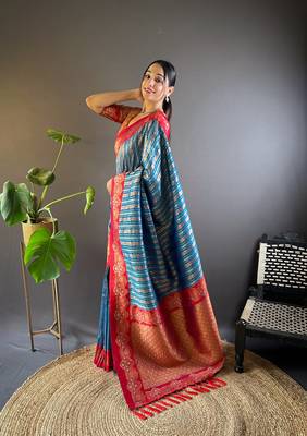 Blue contrast zari woven silk saree with satin unique border 2