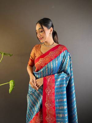 Blue contrast zari woven silk saree with satin unique border 3