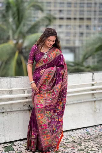 Wine pashmina kashmiri silk zari woven saree
