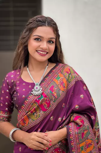 Wine pashmina kashmiri silk zari woven saree