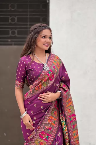 Wine pashmina kashmiri silk zari woven saree
