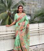 Pista pashmina kashmiri silk zari woven saree