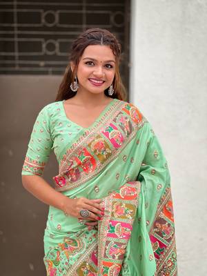 Pista pashmina kashmiri silk zari woven saree 2