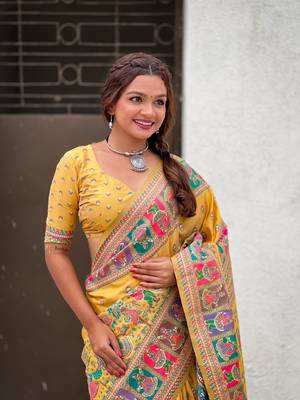 Yellow pashmina kashmiri silk zari woven saree 2