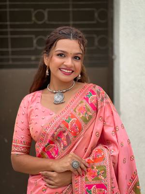 Baby pink pashmina kashmiri silk zari woven saree 3