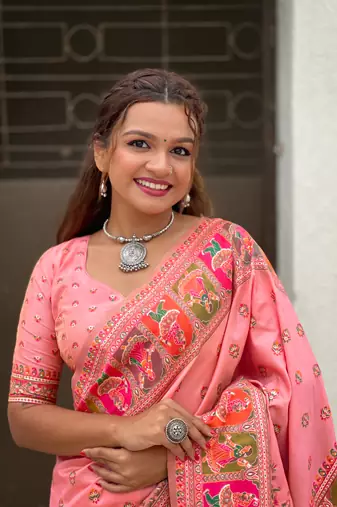 Baby pink pashmina kashmiri silk zari woven saree