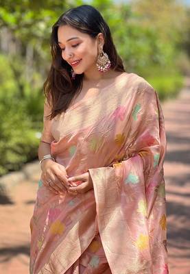 Pink organza jaal zari woven saree 2