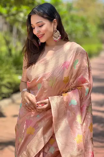 Pink organza jaal zari woven saree