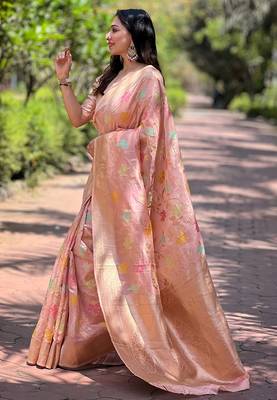 Pink organza jaal zari woven saree 3