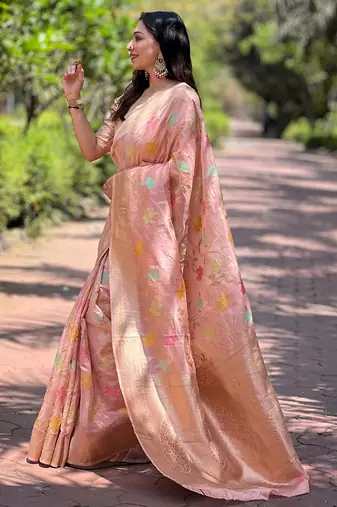 Pink organza jaal zari woven saree