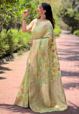 Pastel green organza jaal zari woven saree 3