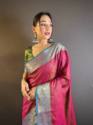 Pink soft kashmiri silk zari woven contrast saree 2