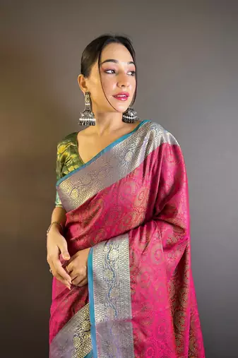 Pink soft kashmiri silk zari woven contrast saree
