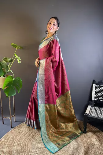 Pink soft kashmiri silk zari woven contrast saree