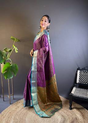 Purple soft kashmiri silk zari woven contrast saree 2