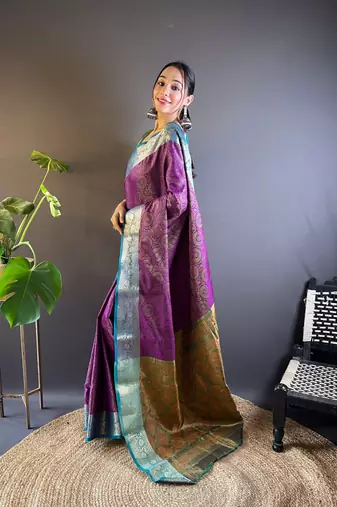 Purple soft kashmiri silk zari woven contrast saree