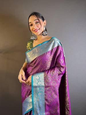 Purple soft kashmiri silk zari woven contrast saree 3