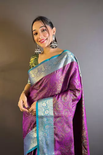 Purple soft kashmiri silk zari woven contrast saree