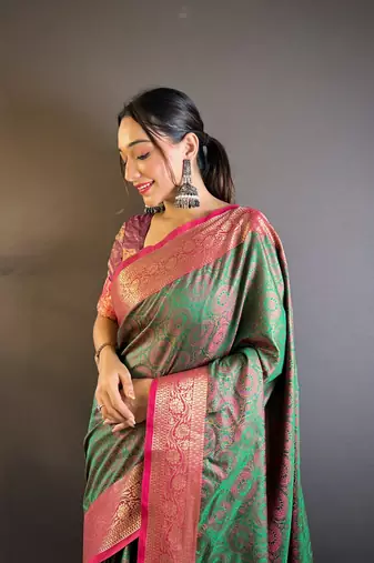 Green soft kashmiri silk zari woven contrast saree