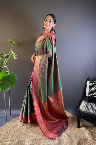 Green soft kashmiri silk zari woven contrast saree