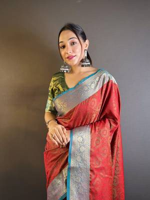 Red soft kashmiri silk zari woven contrast saree 2