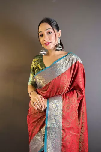 Red soft kashmiri silk zari woven contrast saree