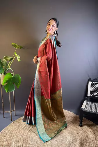 Red soft kashmiri silk zari woven contrast saree