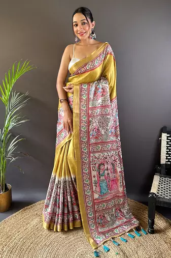 Gold tussar silk blend madhubani printed saree with zari woven border