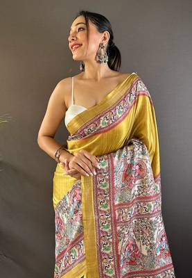 Gold tussar silk blend madhubani printed saree with zari woven border 4