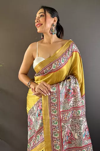 Gold tussar silk blend madhubani printed saree with zari woven border