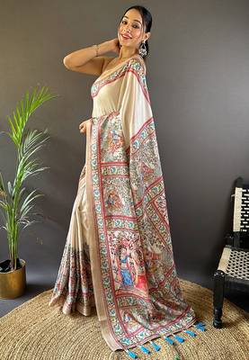 Cream Tussar Silk Kalamkari Printed Saree 2