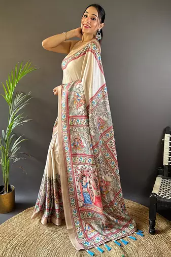 Cream Tussar Silk Kalamkari Printed Saree