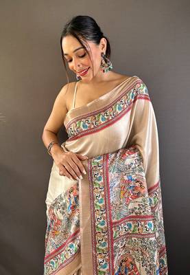 Cream Tussar Silk Kalamkari Printed Saree 3