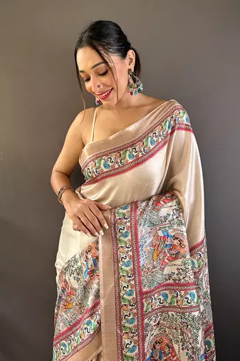 Cream Tussar Silk Kalamkari Printed Saree