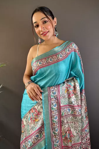 Sky blue tussar silk madhubani printed saree with zari woven border