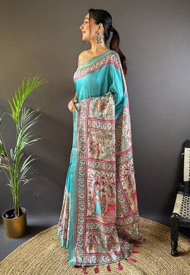 Sky blue tussar silk madhubani printed saree with zari woven border 3