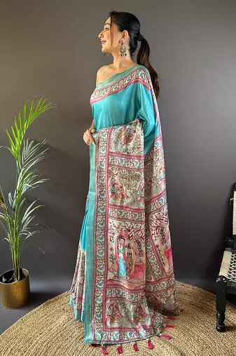 Sky blue tussar silk madhubani printed saree with zari woven border