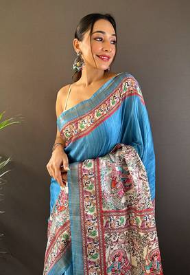 Rama blue tussar silk madhubani printed saree with zari woven border 2