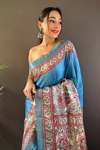 Rama blue tussar silk madhubani printed saree with zari woven border