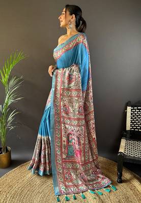 Rama blue tussar silk madhubani printed saree with zari woven border 3