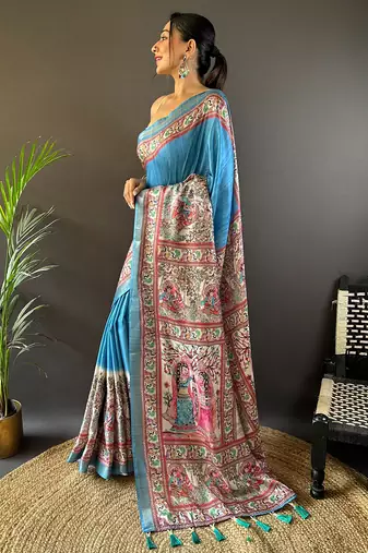 Rama blue tussar silk madhubani printed saree with zari woven border