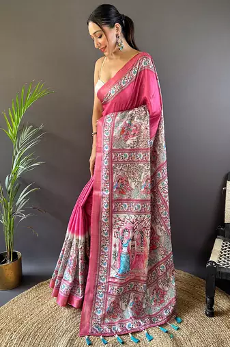 Pink tussar silk madhubani printed saree with zari woven border