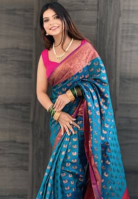 Denim soft silk peacock weaves zari woven saree 2