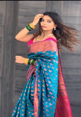 Denim soft silk peacock weaves zari woven saree 3