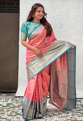 Peach kanjivaram tissue silk traditional zari woven saree 3