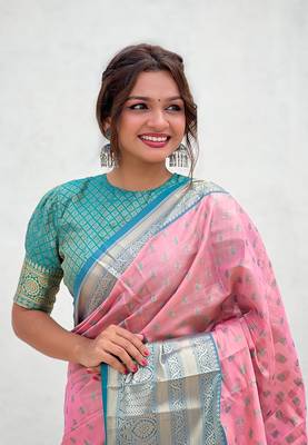 Pink kanjivaram tissue silk traditional zari woven saree 2