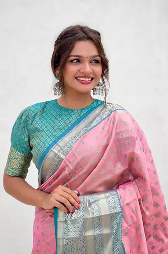 Pink kanjivaram tissue silk traditional zari woven saree